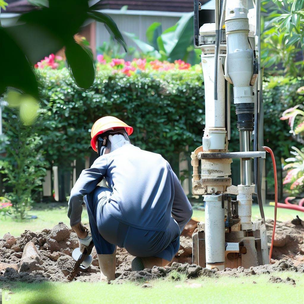 Technicien professionnel utilisant une foreuse pour creuser un forage d'eau dans le jardin d'un particulier