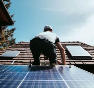 Technicien professionnel installant des panneaux solaires sur le toit d'une maison individuelle pour une énergie renouvelable.