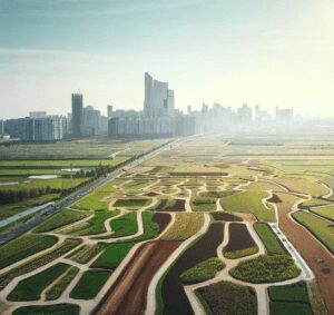 Vue aérienne d'une ville avec des champs agricoles en premier plan