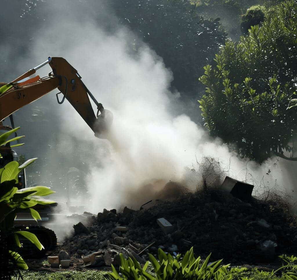 Terrain contaminé en cours de dépollution avec des engins de chantier à l'œuvre