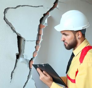 Expert en bâtiment inspectant une fissure dans un mur