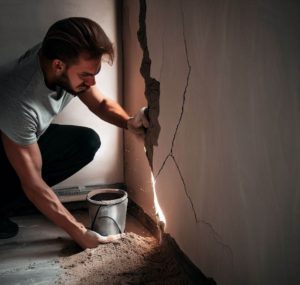 Un homme rebouchant une fissure dans un mur de maison