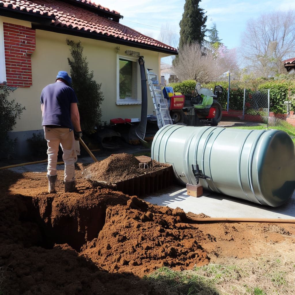 Ouvrier installant une fosse septique chez un particulier à Toulouse