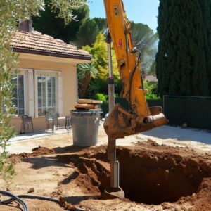 Jardin d'un particulier à Aix-en-Provence avec un puits en construction