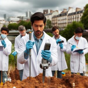 Équipe d'experts effectuant une étude de sol sur un terrain à Argenteuil pour évaluer la pollution et la qualité du sol