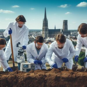 Spécialistes effectuant une étude de sol à Bourges pour évaluer la présence de polluants et la qualité du terrain