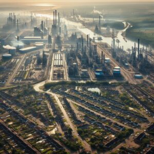 Vue aérienne montrant la proximité des zones résidentielles aux plateformes industrielles de Pont-de-Claix et Jarrie, illustrant les enjeux de la pollution industrielle.